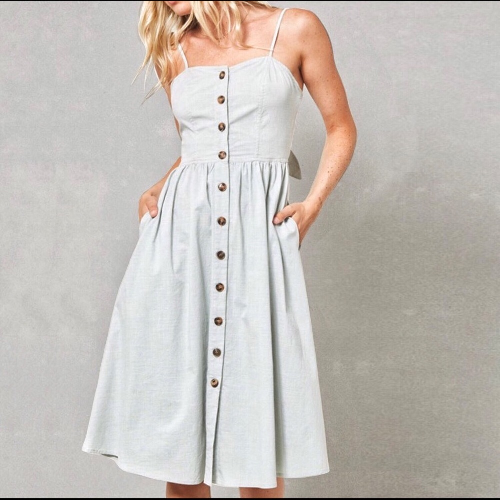 Midi Dress Pockets Linen Tie Back Button Down Sage - Picture 2 of 5